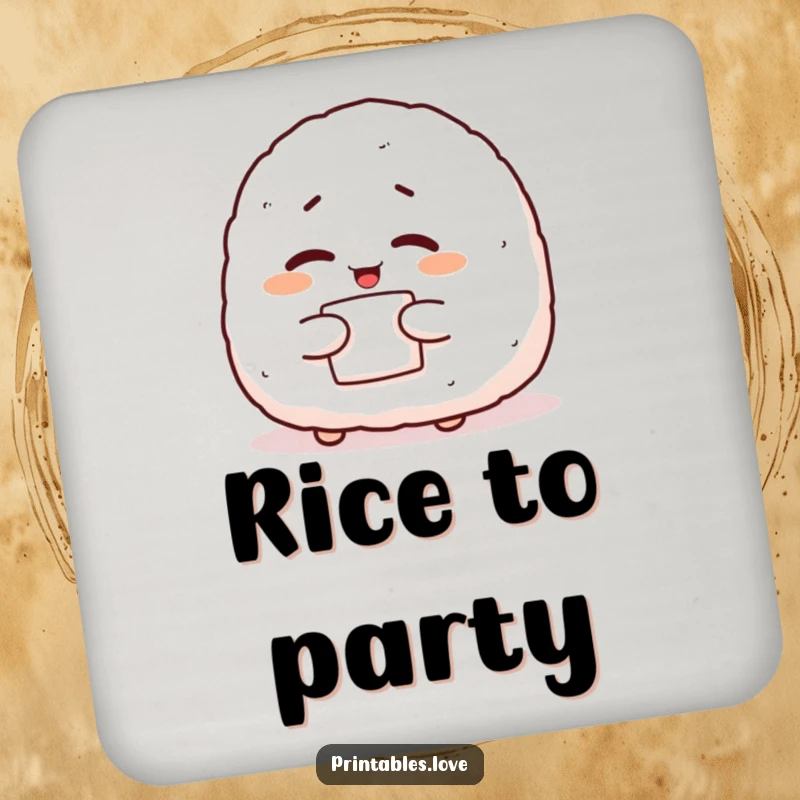 Funny onigiri drink coaster with a giggling character winking with nori, providing surface protection with playful snack humor.