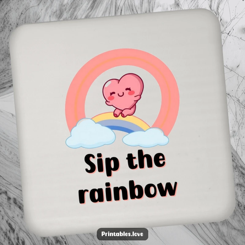 Funny drink coaster featuring a rosy-cheeked heart character sliding down a colorful rainbow with glee.