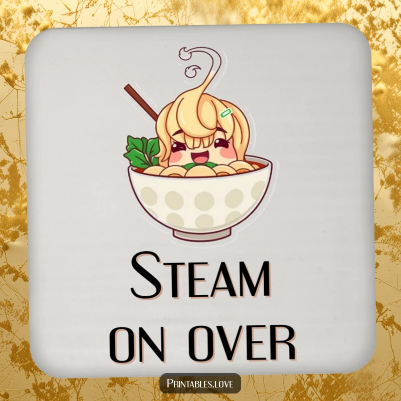 Funny ramen bowl drink coaster with a cheerful character and hilariously rising steam, providing surface protection with food humor.