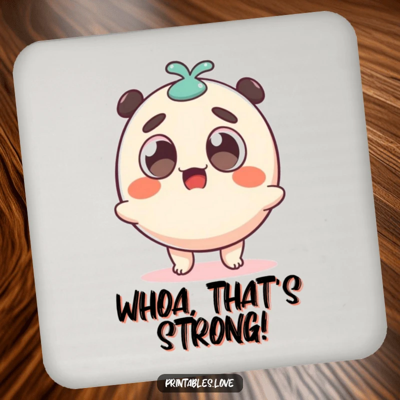 Funny surprised dango character, eyes wide and wobbling, featured on a protective and humorous drink coaster.