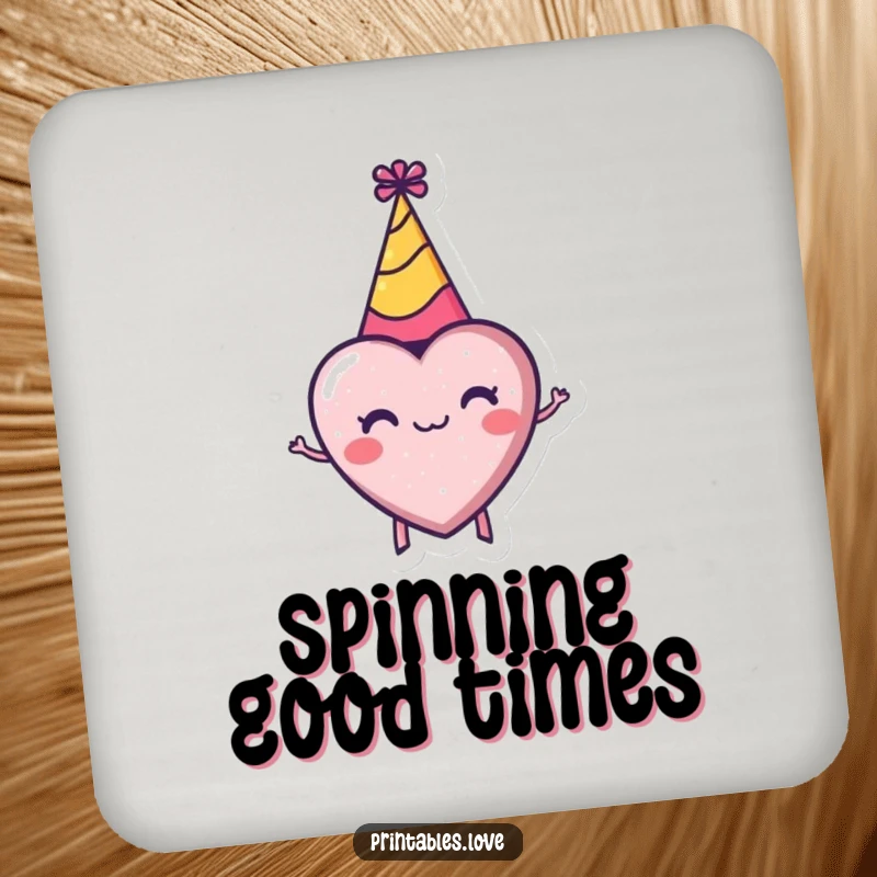 Funny coaster showing a tiny heart in a party hat spinning excitedly, protecting surfaces with festive flair.