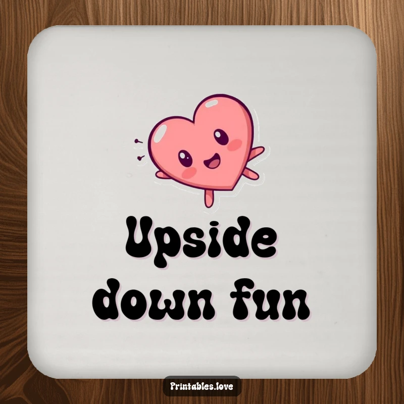 Funny tumbling heart character drink coaster, showing a surprised expression while falling head over heels, protecting surfaces humorously.