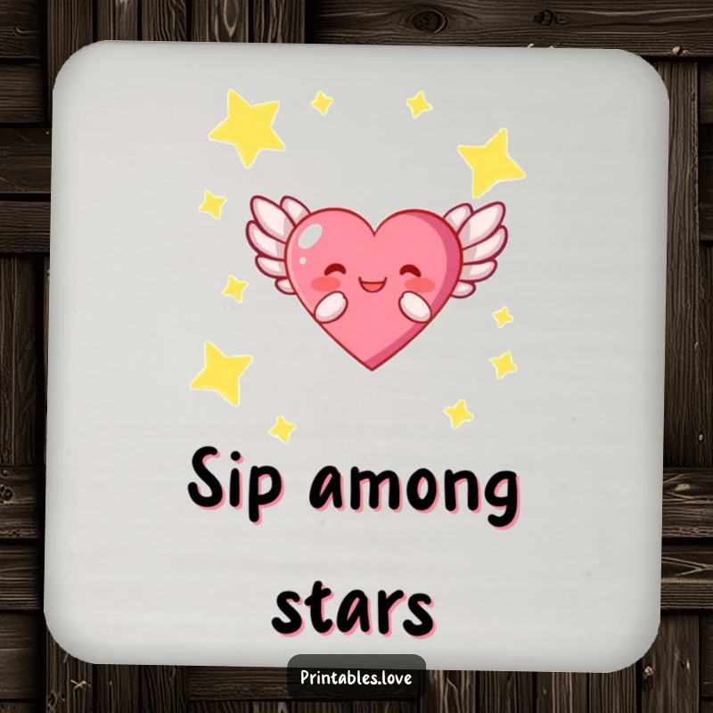 Funny drink coasters depicting a heart character with wings soaring through a starry night, adding elegance and fun.