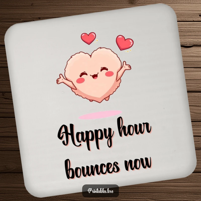 Funny drink coaster with a small fluffy heart character bouncing joyfully, arms outstretched, adding a cute and happy touch.