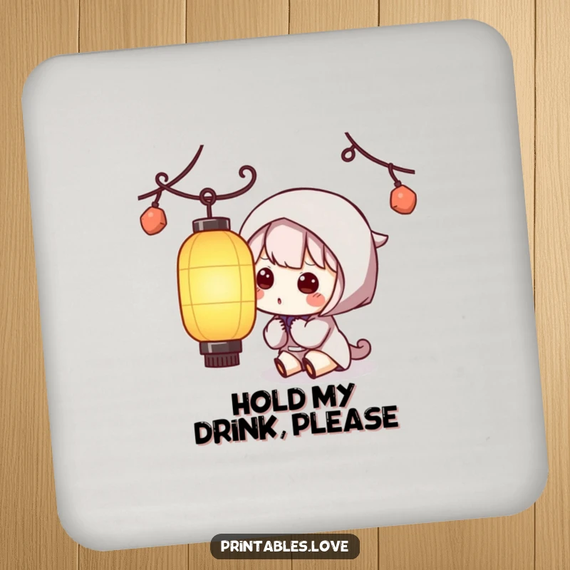 Funny Kawaii Lantern Coaster: A coaster depicting a cute character showing quiet curiosity towards a paper lantern.