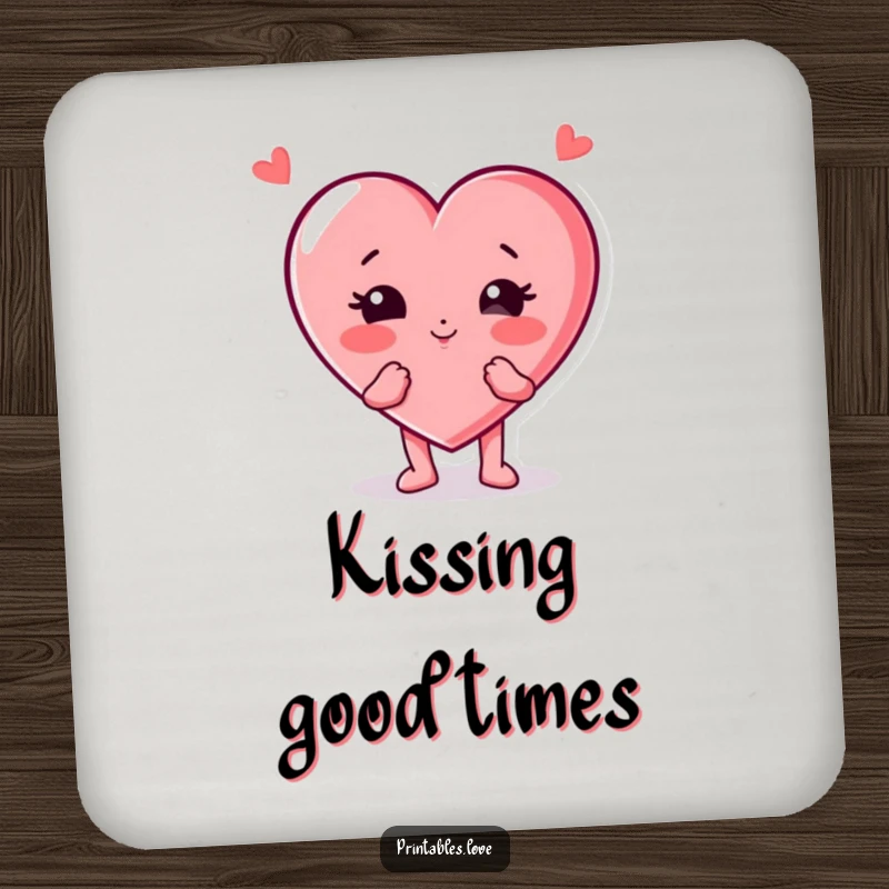 Funny heart character drink coaster, playfully blowing a kiss with cheeks puffed out, protecting surfaces with cheerful style.