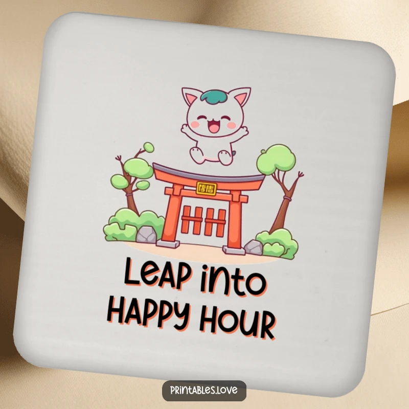 Funny Kawaii drink coaster with a cute character leaping over a torii gate, adding an adventurous touch.