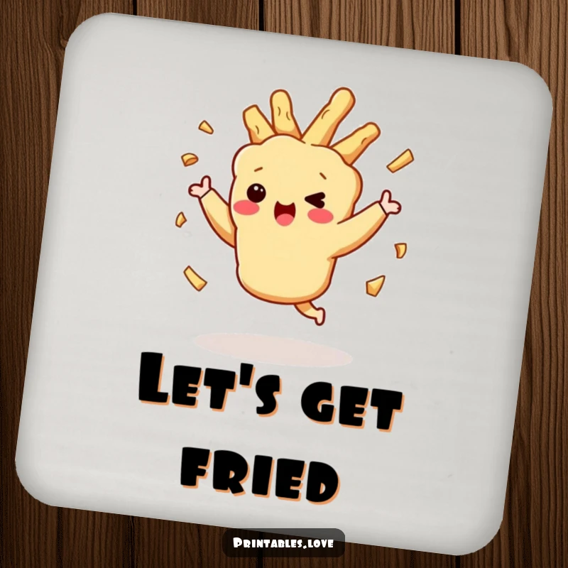 Funny dancing tempura character, with flailing crispy bits, on a protective and humorous drink coaster.