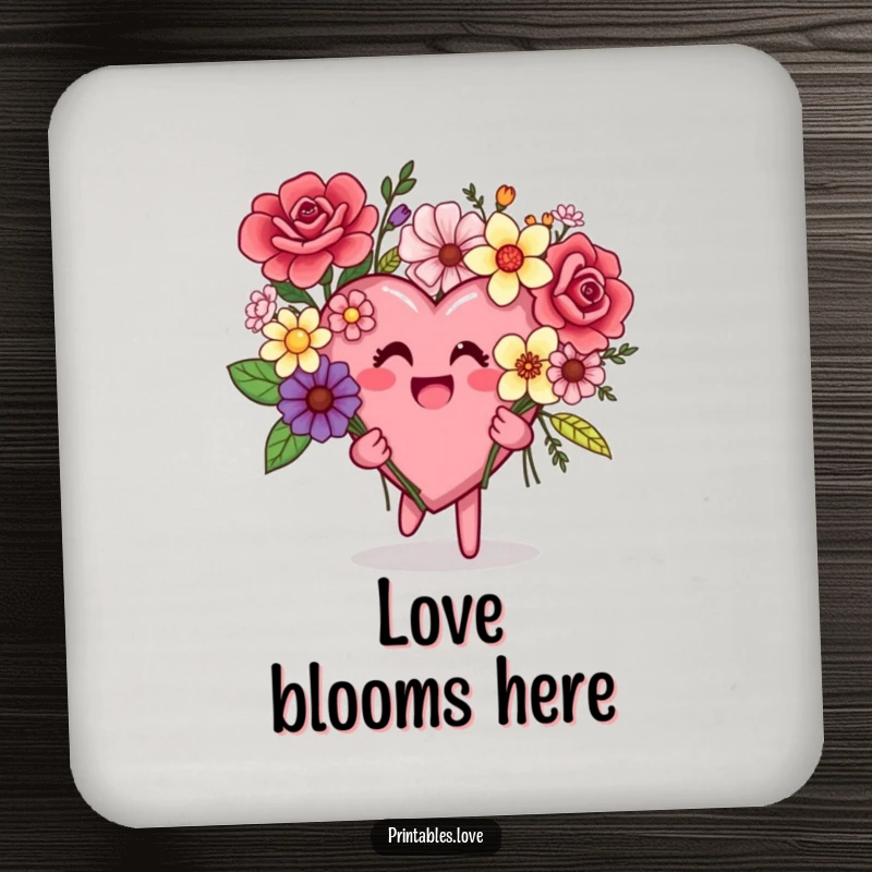 Funny drink coaster showcasing a heart character presenting a cheerful yet mismatched bouquet of assorted flowers.
