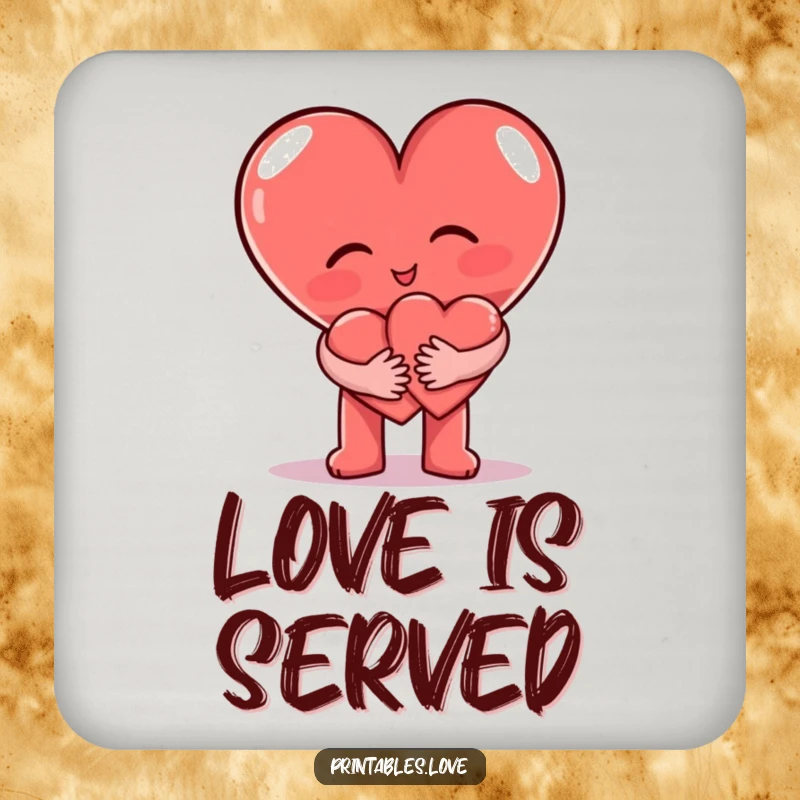 Funny Drink Coaster featuring a big heart character hugging a small heart character, protecting surfaces with love.