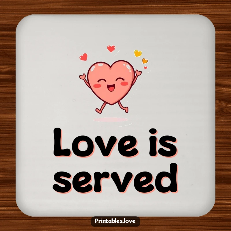 Funny drink coaster with a small, round heart character joyfully leaping and blowing kissy emojis, protecting surfaces with love.