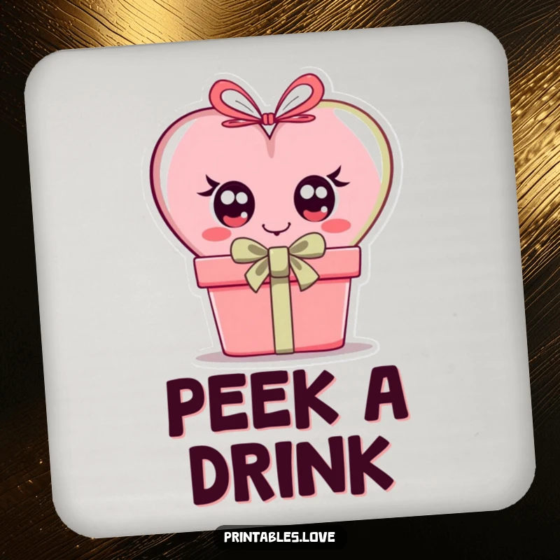 Funny drink coasters with a heart character using its curious eyes to peek from behind a gift box.