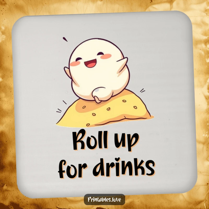 Funny drink coaster with a determined dumpling character rolling down a hill with glee, a humorous addition to any table.