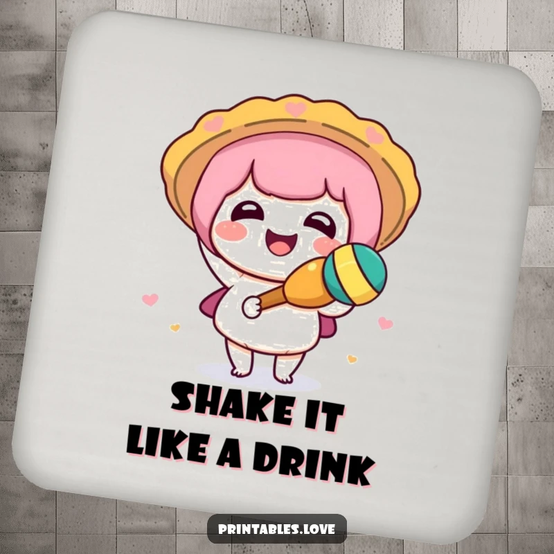 Funny Kawaii drink coaster with a cute character joyfully shaking a maraca, adding a festive accent.