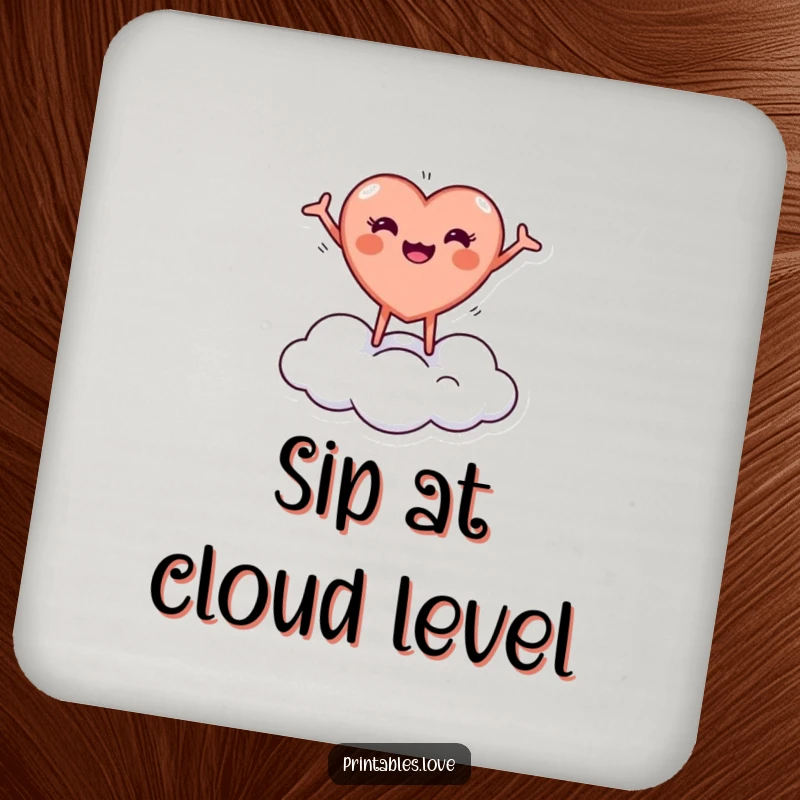 Funny coaster with a tiny, round heart character joyfully bouncing on a cloud with arms outstretched, perfect for protecting surfaces.