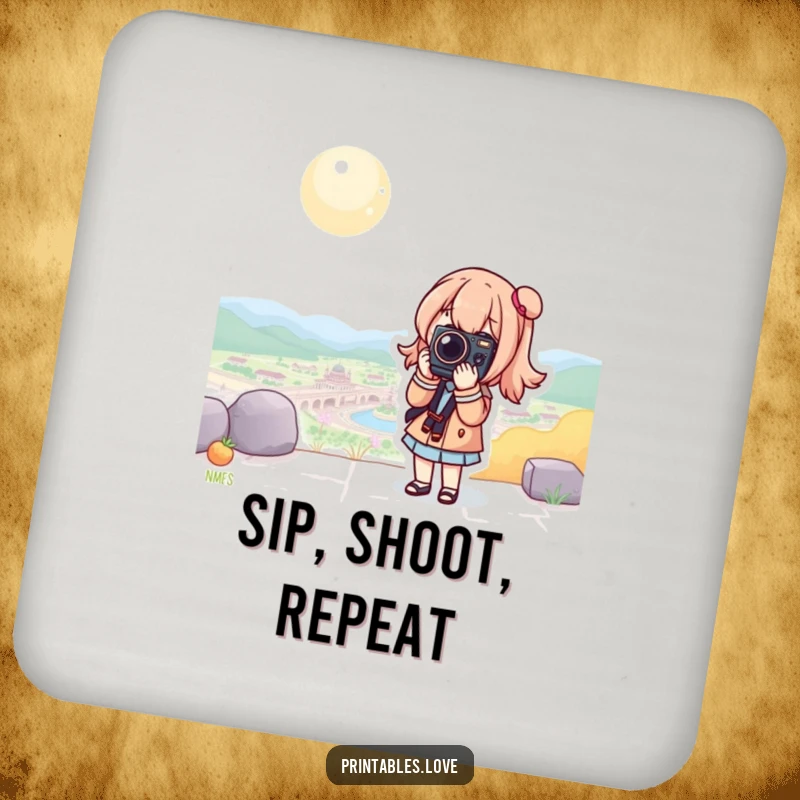 Funny Kawaii Camera Coaster: A coaster depicting a cute character posing with a camera in a scenic outdoor setting.
