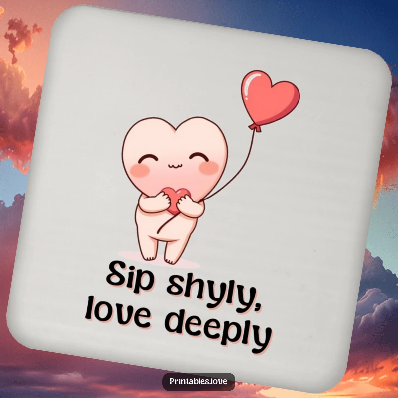 Funny drink coaster with a heart blushing shyly and holding a heart balloon, perfect for protecting surfaces with tenderness.