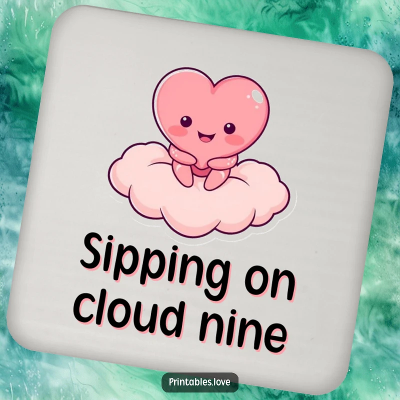 Funny coaster with a smiling heart character on a heart-shaped cloud, offering stylish surface protection.