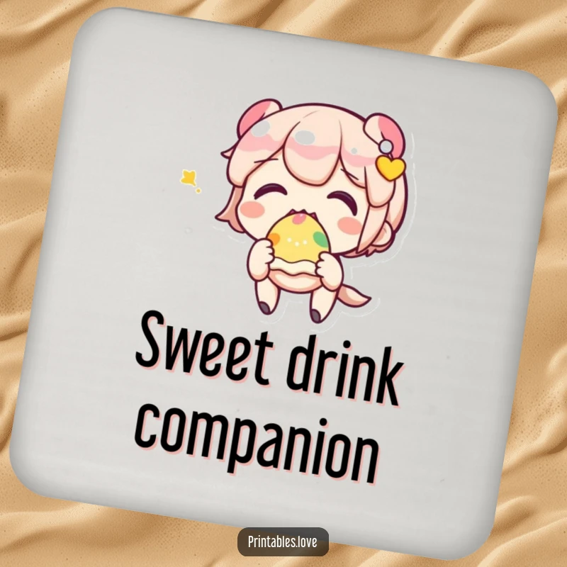 Funny drink coaster featuring a happy Kawaii character eating a colorful sweet treat.