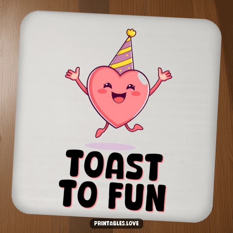 Funny Party Heart Coaster wearing a party hat, enthusiastically jumping, protecting surfaces with festive charm and energetic flair.