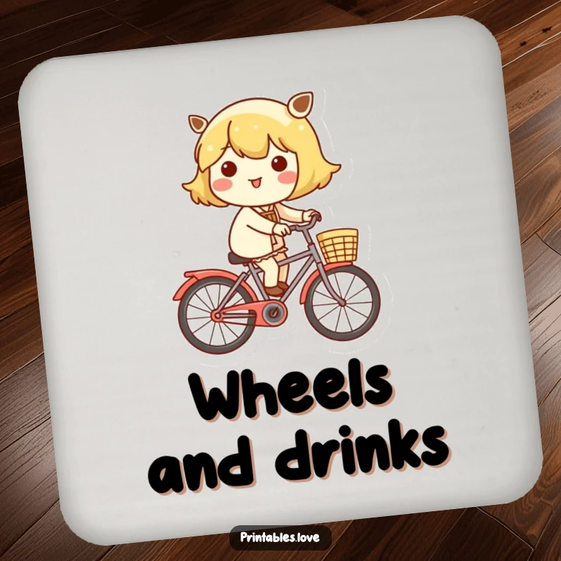 Funny coaster set with a cheerful Kawaii character riding a bicycle with a basket, a joyful addition to any table.
