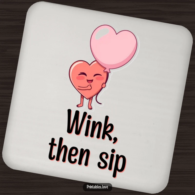 Funny drink coaster featuring a heart character winking playfully while holding a slightly deflated balloon, adding humorous flair.
