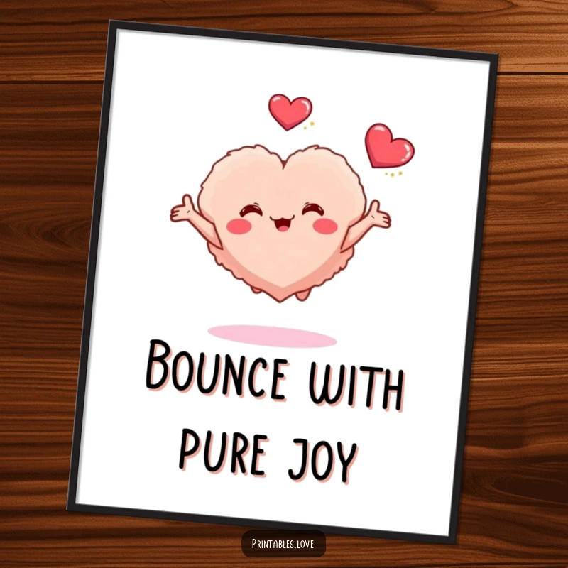 Funny poster featuring a small cloud-like heart character gleefully bouncing with arms outstretched, conveying pure elation and affection.