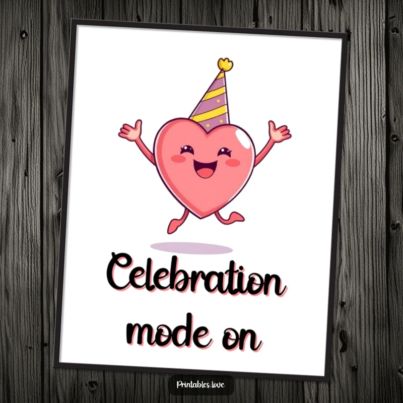 Funny Party Heart Poster wearing a party hat, enthusiastically jumping, capturing the essence of pure celebration and excitement.