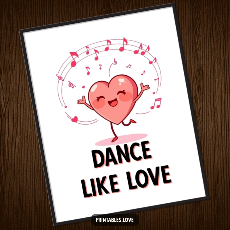 Funny poster featuring a heart character happily dancing with swirling musical notes, adding musical joy and humor to walls.