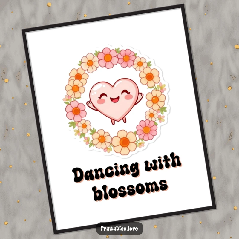 Funny poster showcasing a heart with a wide, beaming smile, dancing gracefully around a colorful ring of flowers.