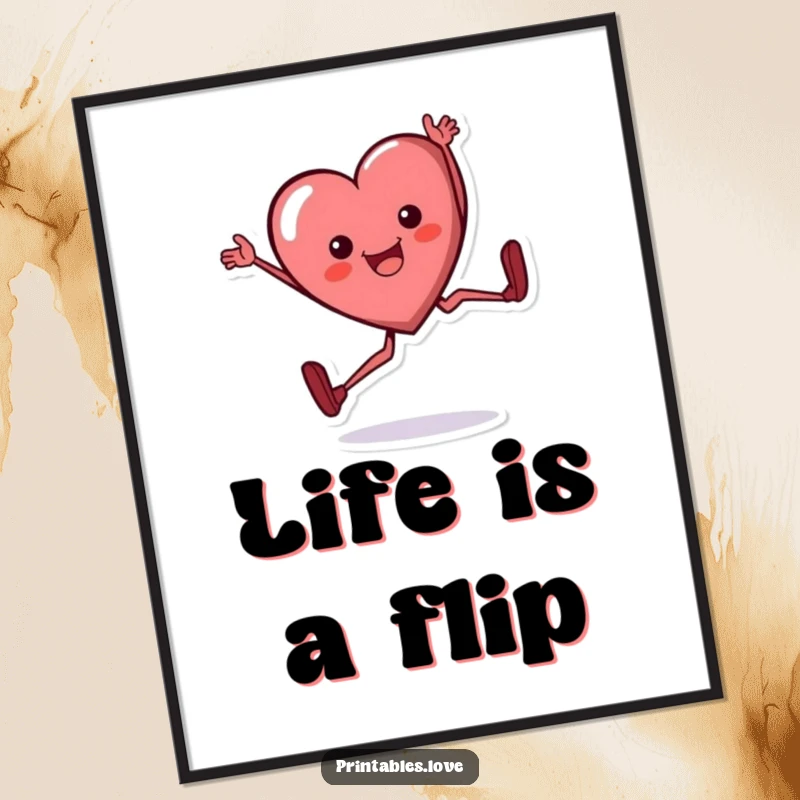 Funny heart poster, a cartoon heart character mid-cartwheel with a joyful expression, bringing dynamic energy to walls.