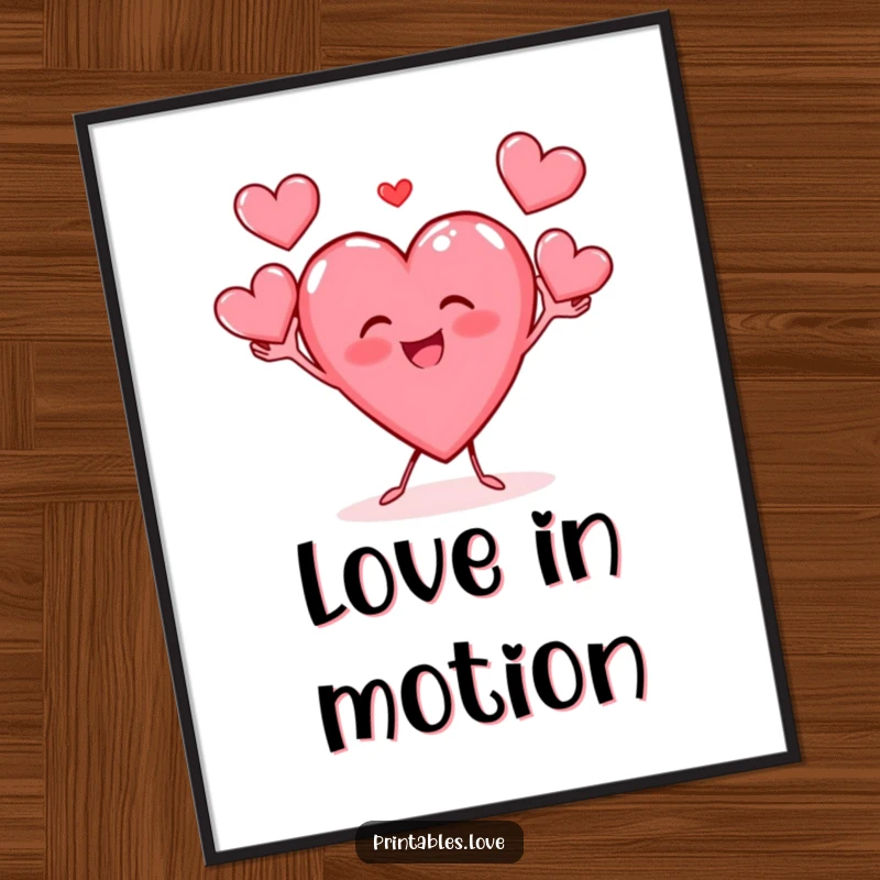 Funny poster displaying a gleeful heart character masterfully juggling three small hearts with a happy, energetic vibe.