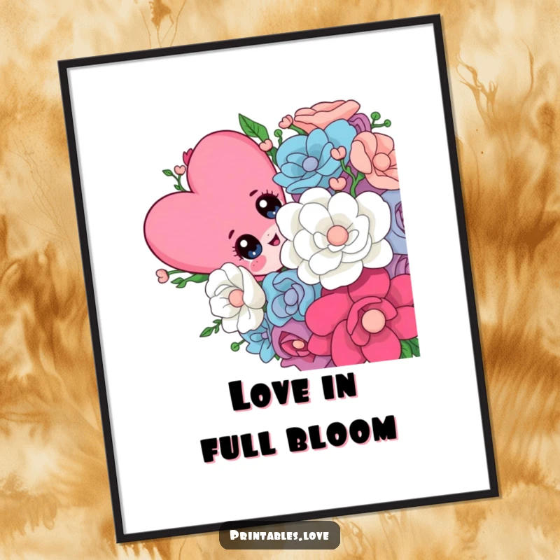 Funny poster featuring a cute heart character with wide, playful eyes peeking from behind a massive, vibrant bouquet of flowers.