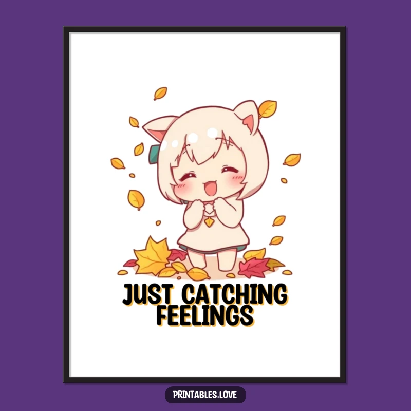 Funny Kawaii Autumn Leaf Catcher Poster - Charming Wall Art Gift