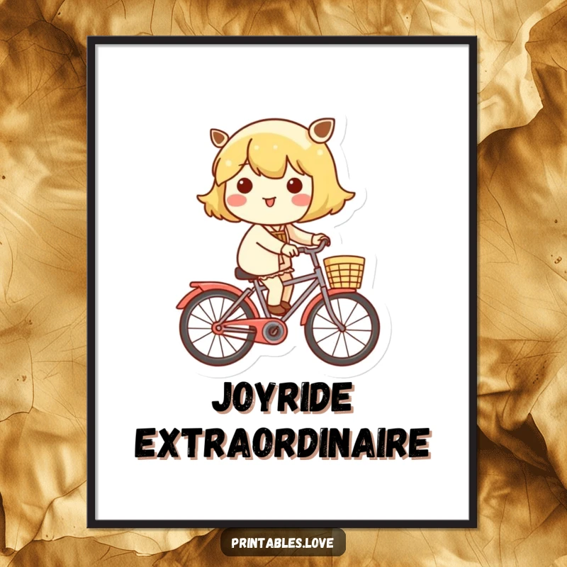 Funny poster print of a Kawaii character happily riding a bicycle with a basket, perfect for cheerful wall decor.