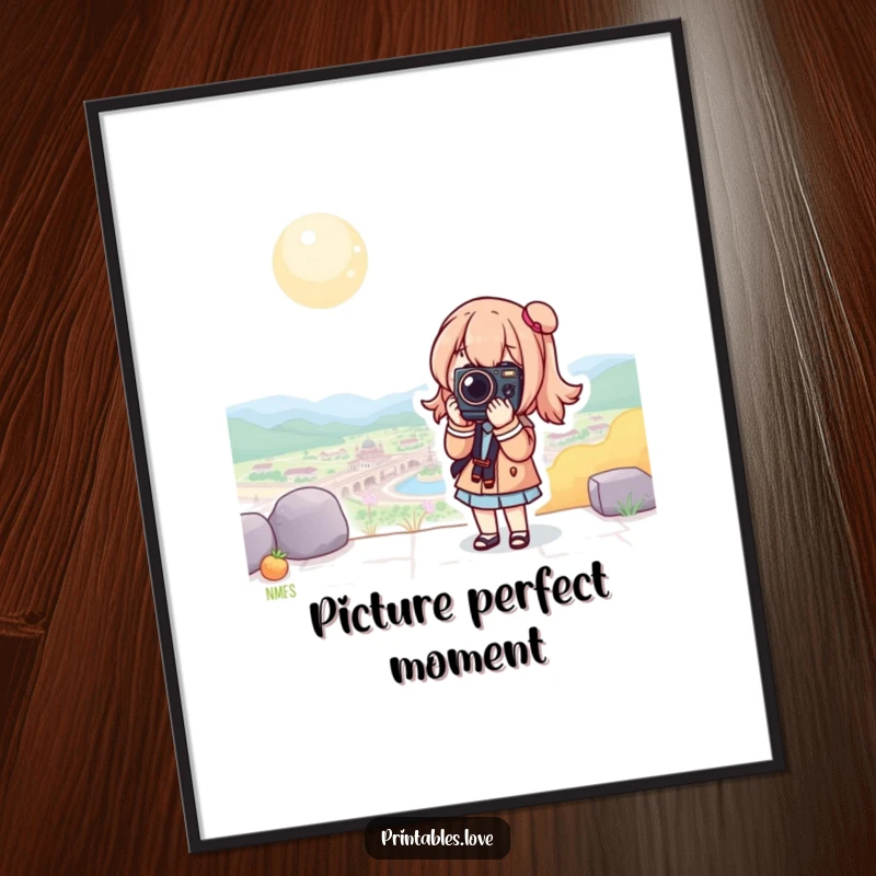 Funny Kawaii Camera Poster: An art print of a cute character posing with a camera, capturing the beauty of a scenic view.