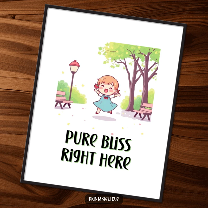 Funny Kawaii Dancing Character Poster: A vibrant art print of a cute, happy character dancing with abandon in a beautiful park.