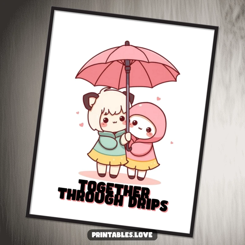 Funny Kawaii Friendship Poster: An art print showing two cute characters sheltering contentedly under a shared umbrella.