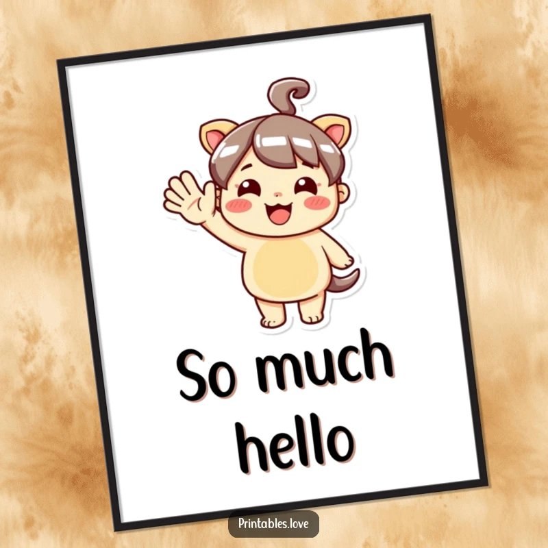 Funny Kawaii Poster featuring a cute character making a large, enthusiastic hello wave, designed to bring joy.
