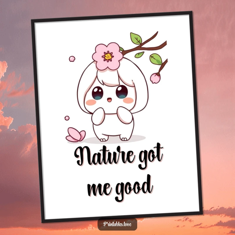 Funny Kawaii poster print of a cute character looking surprised by a falling cherry blossom petal, a gentle scene.