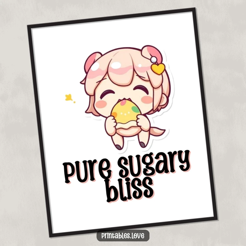 Funny art print of an adorable Kawaii character excitedly eating a colorful sweet treat.