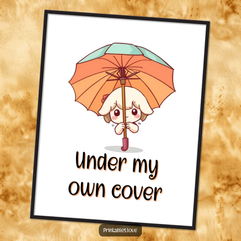 Funny Poster of a Kawaii character peeking from behind a large umbrella, adding a whimsical and shy charm to any room.