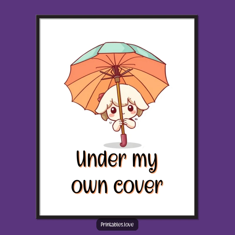 Funny Kawaii Umbrella Art Poster: Shy Peek-a-boo Decor