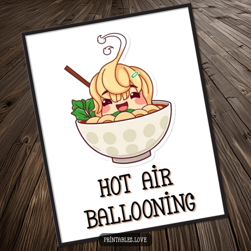 Funny ramen bowl poster featuring a cheerful character with hilariously rising steam, bringing playful food art and humor to any room.