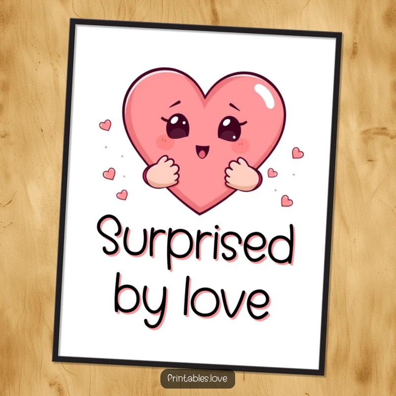 Funny poster showing a heart with small hands holding hearts, presenting a comical and surprised facial expression.