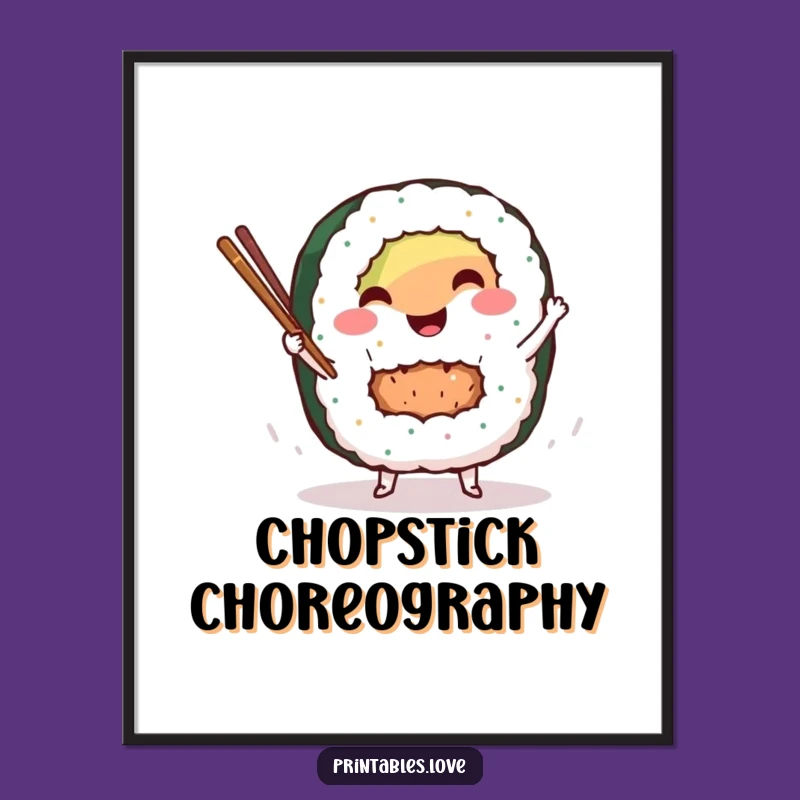 Funny Sushi Dance Art Print: Smiling Roll Character Decor Gift for Kitchens