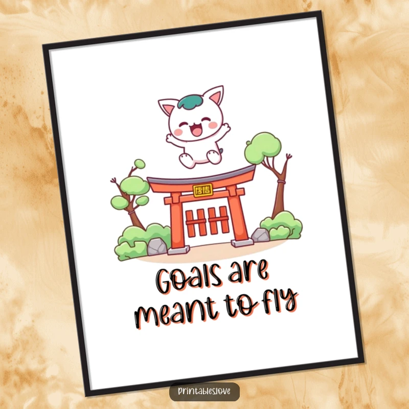 Funny Kawaii poster print of a cute character leaping dynamically over a torii gate, symbolizing overcoming obstacles.