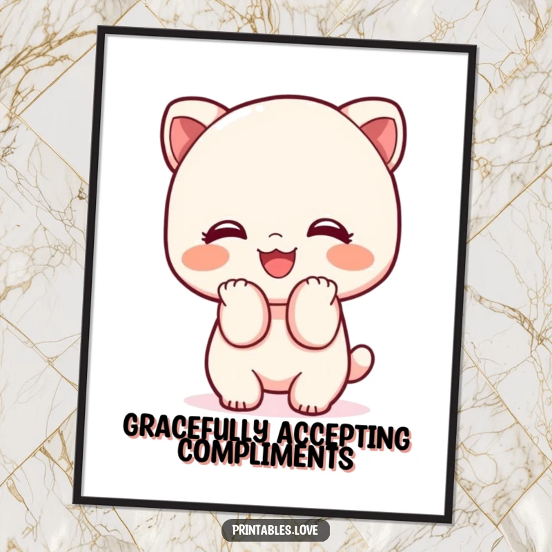 Funny Kawaii poster print of a cute character bowing adorably with a wide smile, representing politeness and joy.