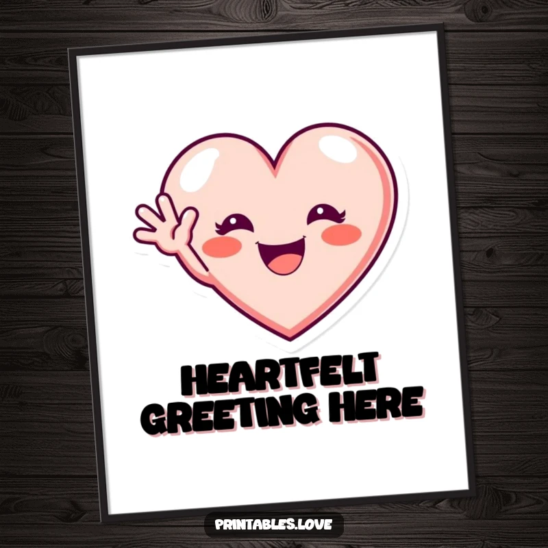 Funny poster art of a heart with an excited grin waving hello, bringing smiles and cheerful energy to any room.