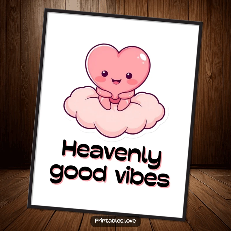 Funny poster showcasing a smiling heart character perched on a heart-shaped cloud, creating a peaceful atmosphere.